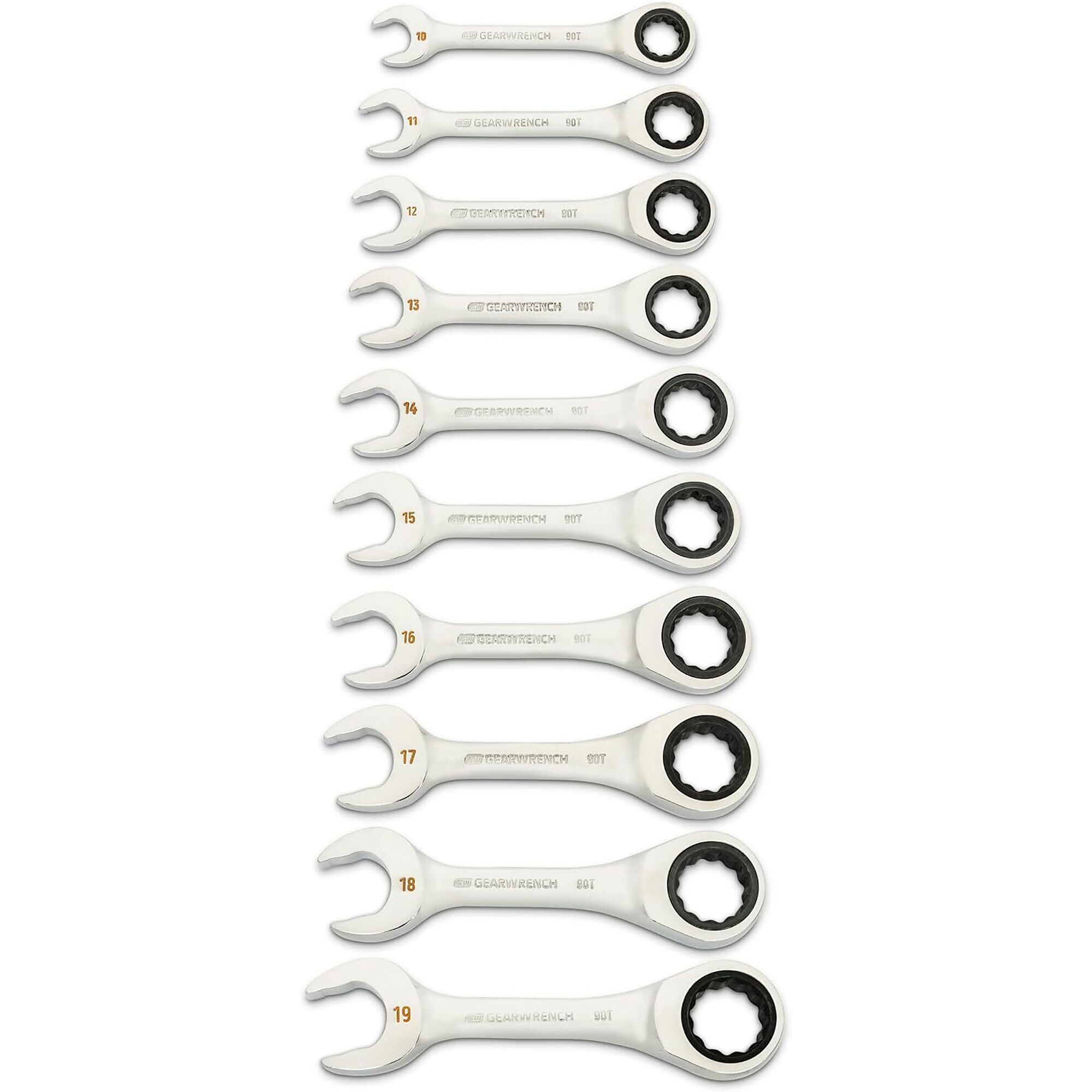 GearWrench 10-Piece Metric Stubby Ratcheting Combination Wrench Set — 90-Tooth, 12-Point, Alloy Steel, Model# KDT86850